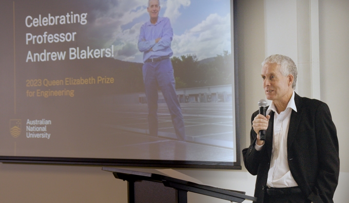 Professor Andrew Blakers speaks at a recent celebration of the 2023 Queen Elizabeth Prize for Engineering, awarded to him and his colleagues for the development of Passivated Emitter and Rear Cell (PERC) solar photovoltaic technology.
