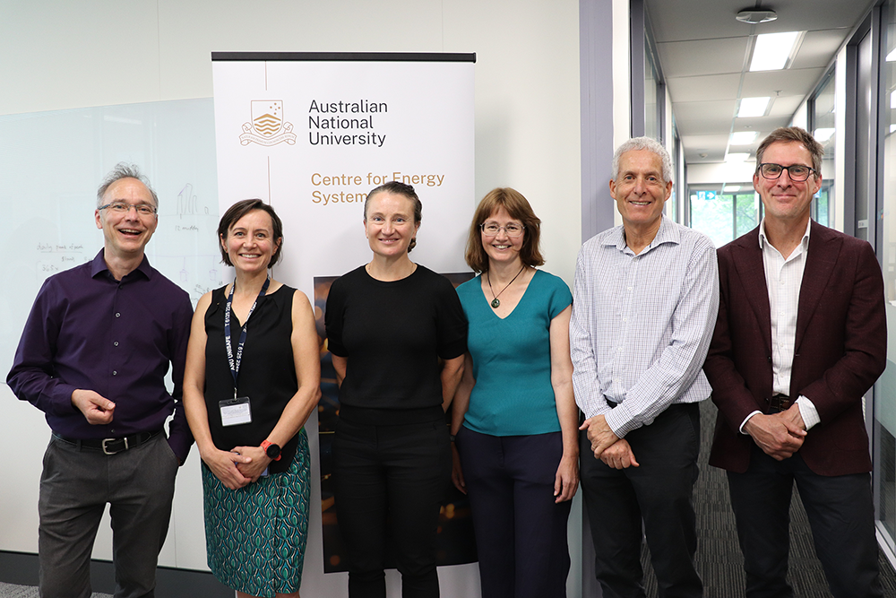 Key people gather for the ANU Centre for Energy Systems launch (from left to right): Professor Frank Jotzo; Associate Professor Marnie Shaw; Associate Professor Heather Logie; Professor Kylie Catchpole; Professor Andrew Blakers; and Mr Kieran Lawton, Senior Executive, Climate Action Program Delivery, ACT Government.
