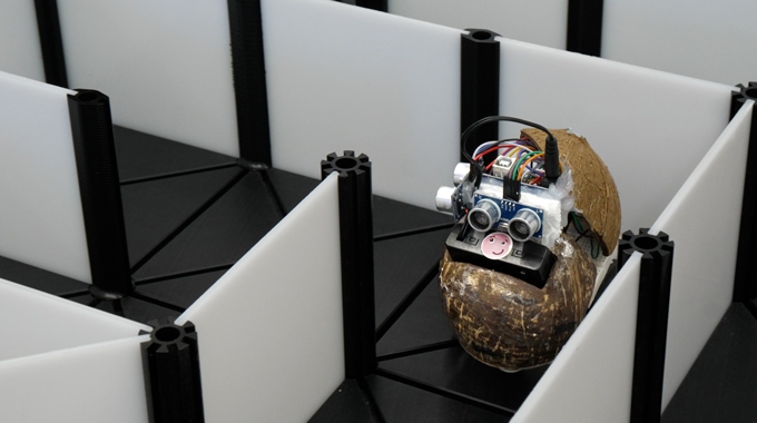 A coconut shell robot was among many dozens that attempted to complete mazes in "Discovering Engineering", an introductory course for students at ANU.